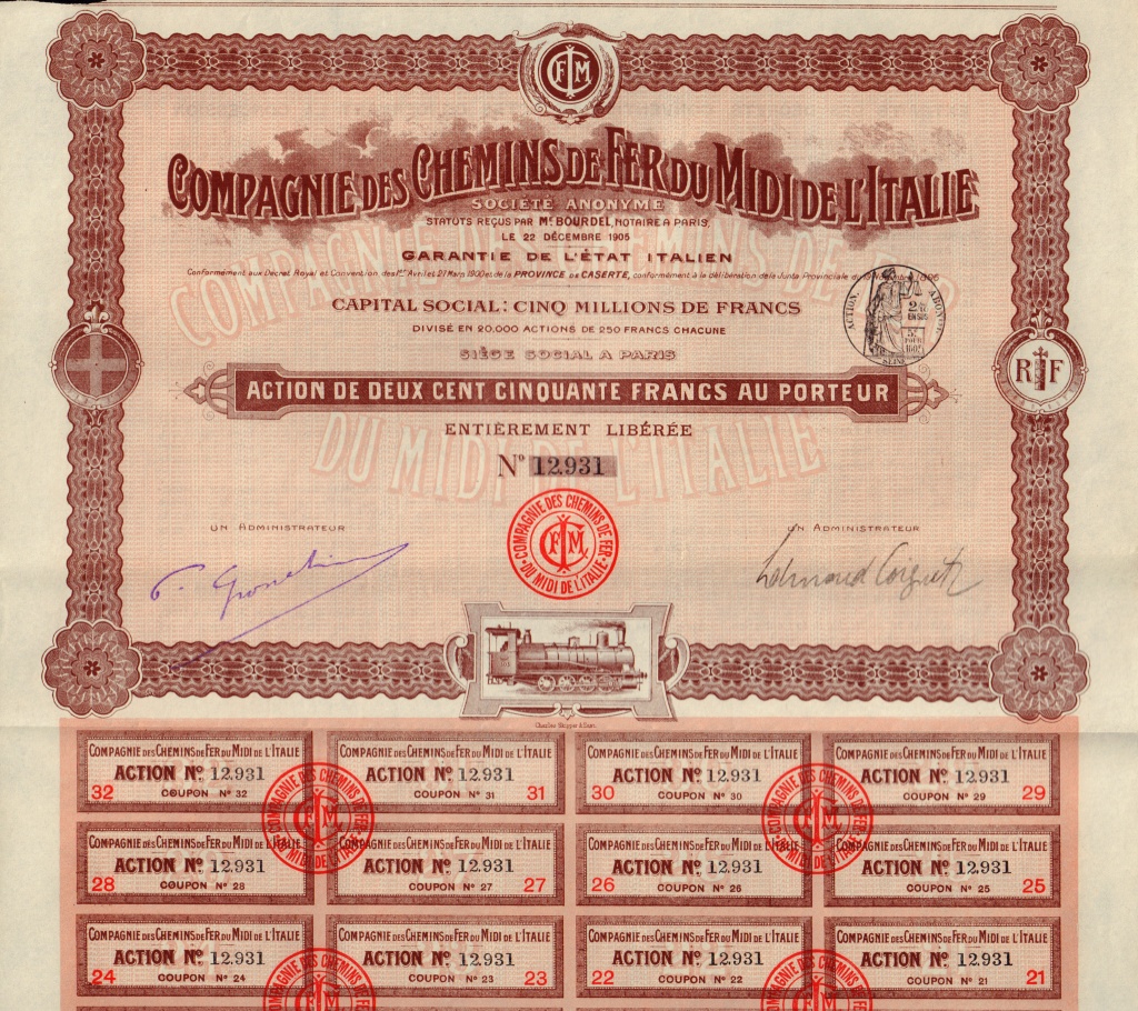 CHEMINS DE FER DU MIDI DE L/'ITALIE 1921 RAILWAY ITALY