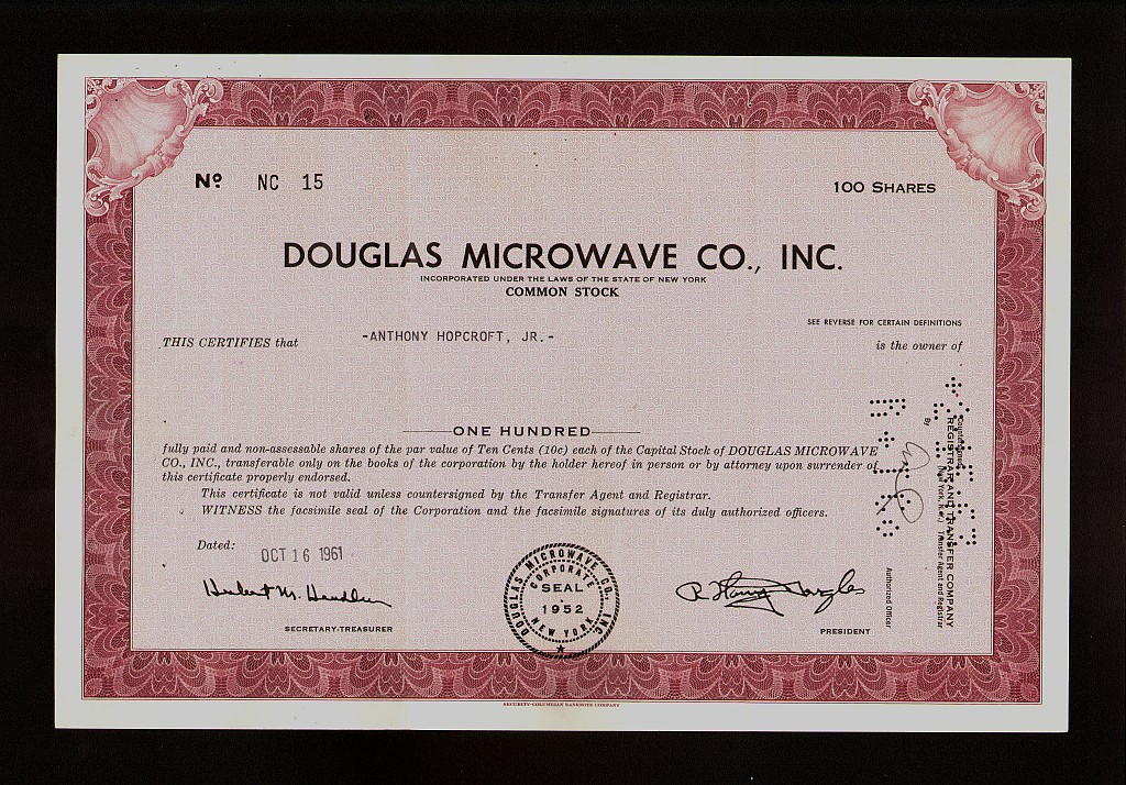 Douglas Microwaves Co Inc Ny Old Stock Certificate Iss To Anthony Hopcroft Ebay