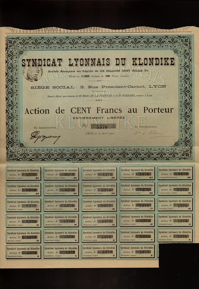Syndicat Lyonnais du Klondike 1900 Yukon Alaska Gold Rush MINING