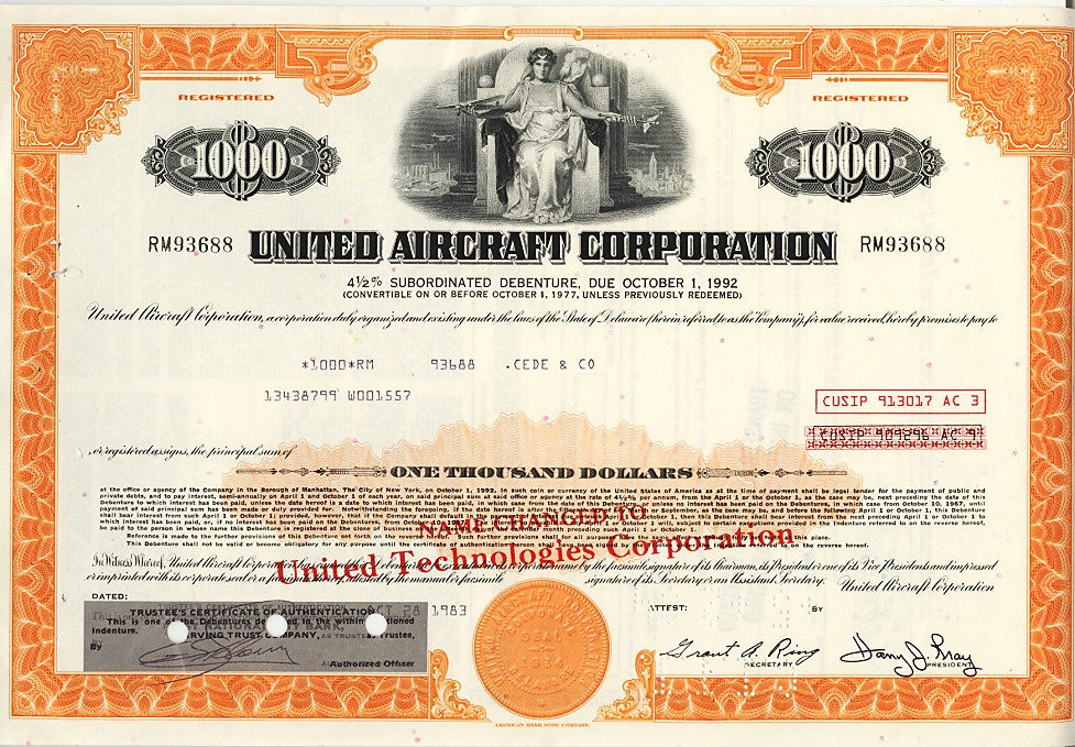 UNITED AIRCRAFT CORP now UT // UNITED  TECHNOLOGIES old bond certificate