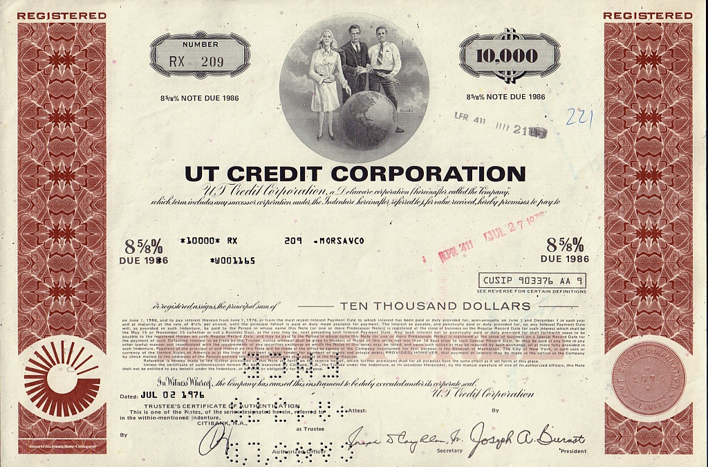 UT CREDIT CORPORATION UNITED TECHNOLOGIES USD 25,000.00 old bond 1976